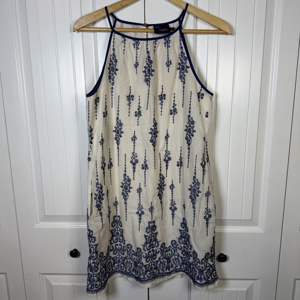 Just Taylor Dress‎ Women's Size 10 Blue & Ivory Embroidered Lined Cotton Shift